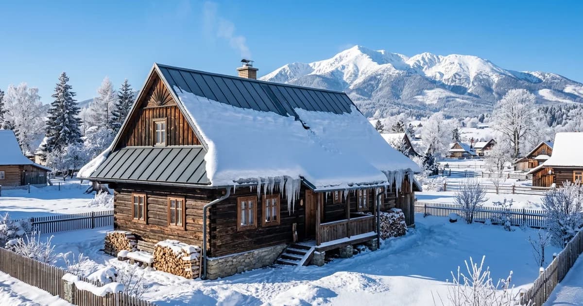 Plechová strecha v Trstenej a pri poľskej hranici (mráz pod -25 °C). Sprievodný obrázok k článku Zakryto, orava a okolie.
